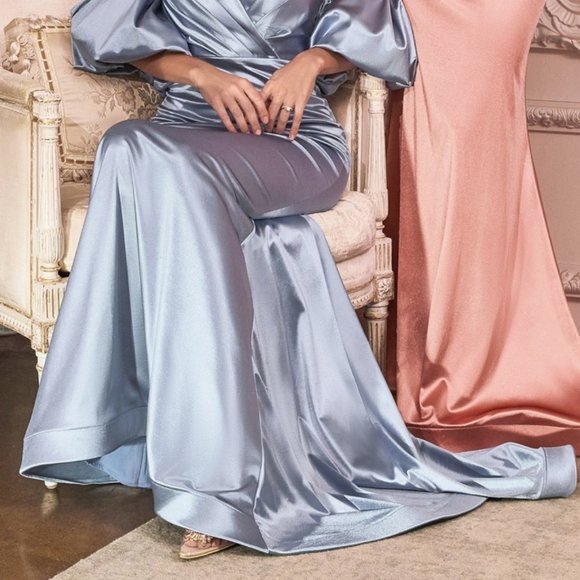 NEW LONG PARIS BLUE SATIN STRETCH MERMAID DRESS WITH PUFF SLEEVES AND ZIP CD983C - Picture 6 of 8